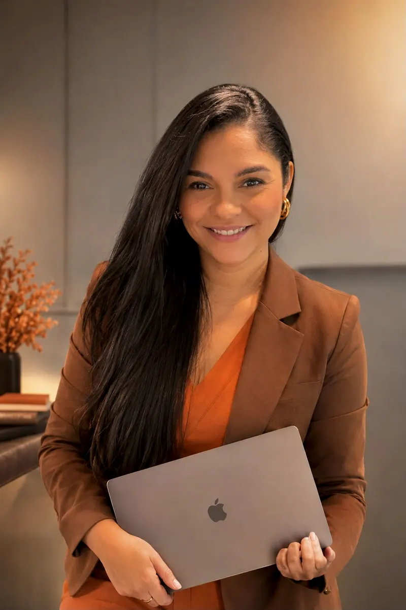 Sheila Batista de blazer marrom, segurando o notebook no escritório