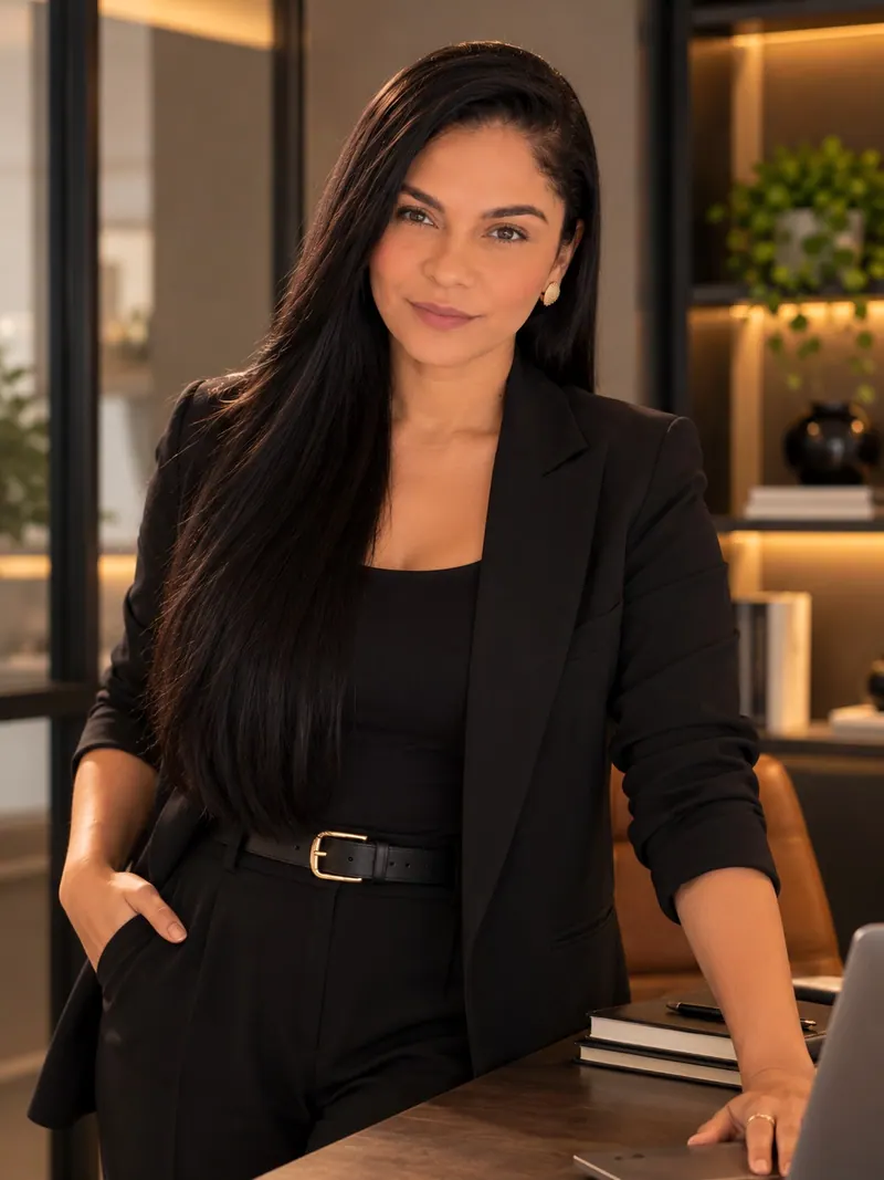 Sheila Batista de terninho preto, apoiada na mesa do escritório