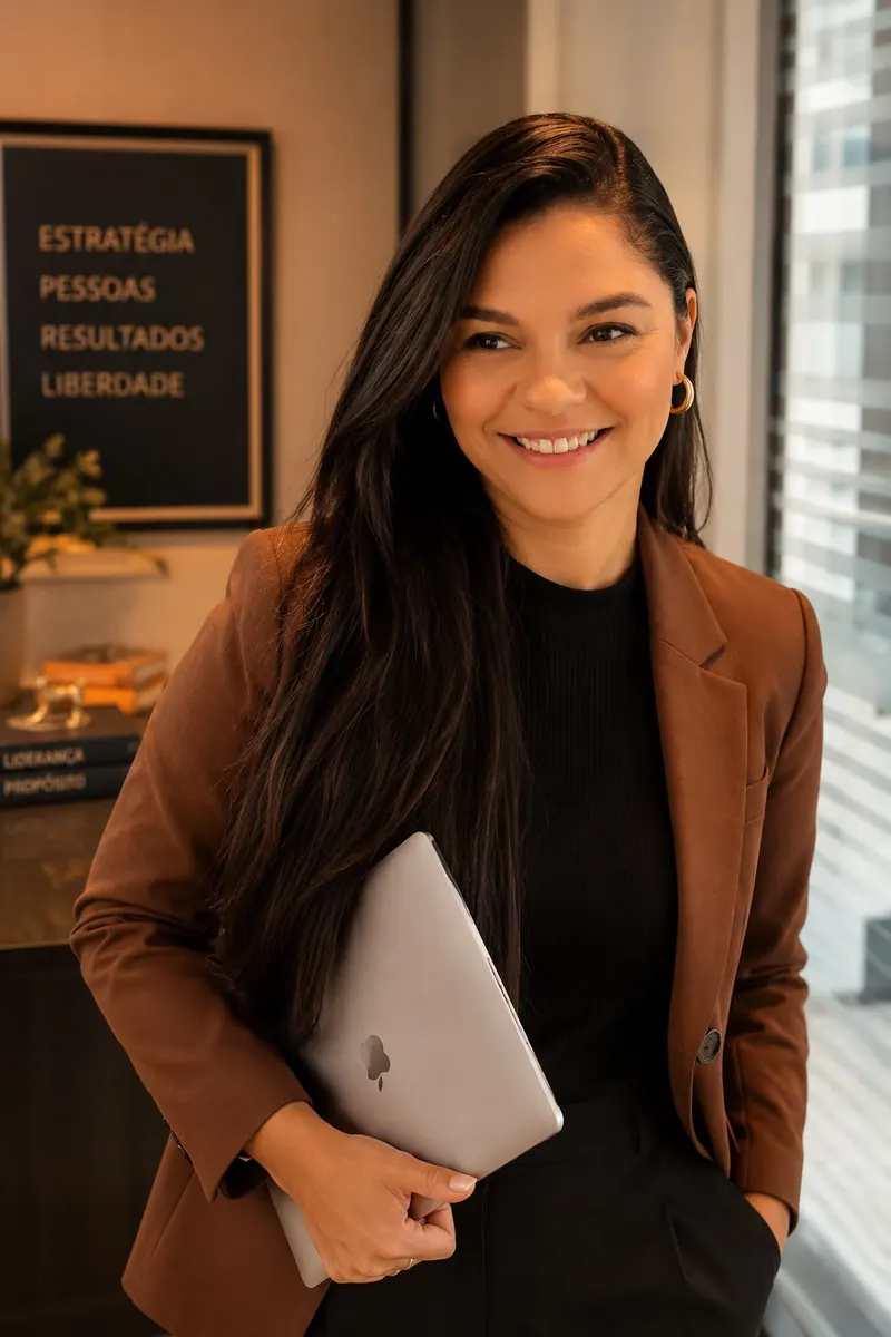 Sheila Batista com o notebook, ao lado do quadro escrito estratégia, pessoas, resultados, liberdade